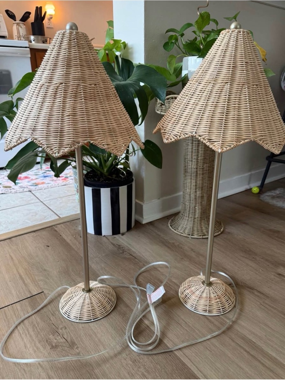 Lillian August Parasol Rattan Table Lamps Pair